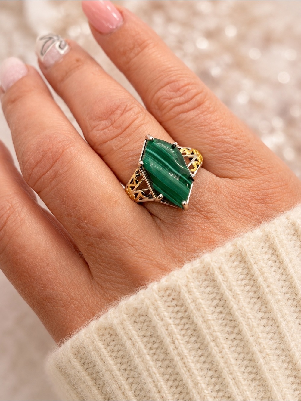 African Malachite Statement Ring Size 8 Two Tone Gold Platinum Filigree